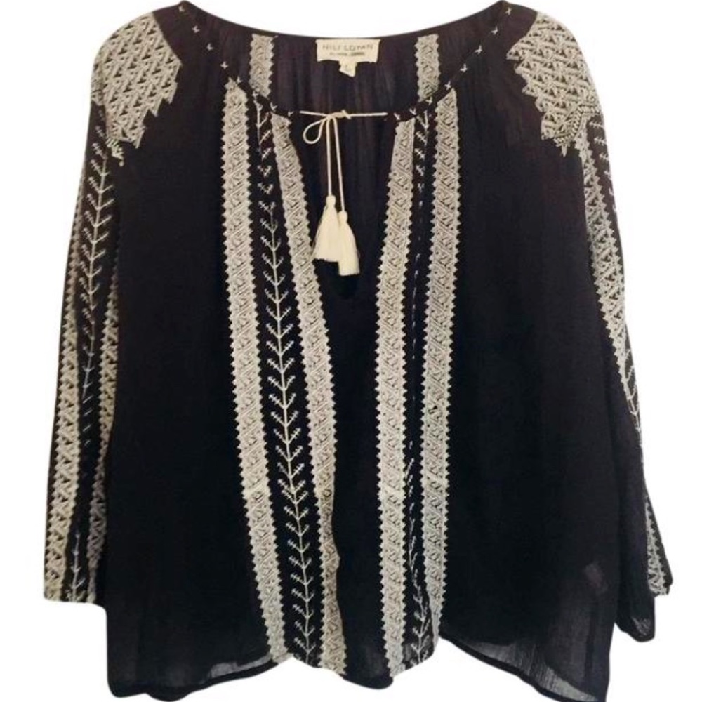 NILI LOTAN Black Bohemian Peasant Embroidered Line